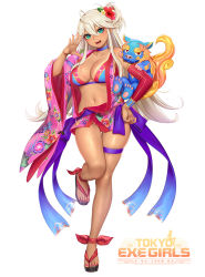 Rule 34 | 1girl, aqua eyes, bikini, bikini top only, blush, breasts, choker, cleavage, collarbone, commentary request, fingernails, floral print, flower, full body, gyaru, hair flower, hair ornament, hand on own hip, hibiscus, japanese clothes, kimono, large breasts, legs up, logo, long hair, looking at viewer, masami chie, multicolored bikini, multicolored clothes, nail polish, navel, official art, open mouth, sandals, shiny skin, simple background, smile, solo, standing, standing on one leg, swimsuit, tan, tanline, thigh strap, tokyo exe girls, white background, white hair, wide sleeves, yukata