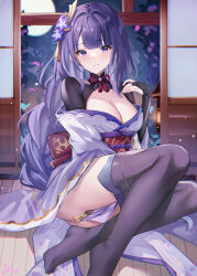 Rule 34 | 1girl, blush, braid, breasts, bridal gauntlets, cleavage, eric (tianqijiang), genshin impact, highres, japanese clothes, kimono, large breasts, long hair, looking at viewer, low-braided long hair, low-tied long hair, mole, mole under eye, parted lips, purple eyes, purple hair, purple kimono, purple thighhighs, raiden shogun, sash, signature, sitting, smile, solo, thighhighs, thighs