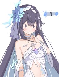 Rule 34 | 1girl, :3, bare shoulders, black hair, blush, breasts, chest tattoo, closed mouth, clothing cutout, colored inner hair, finger to mouth, flower, hair between eyes, hair flower, hair ornament, highres, honkai (series), honkai impact 3rd, kyaong, long hair, looking at viewer, medium breasts, multicolored hair, navel, seele vollerei, seele vollerei (herrscher of rebirth), simple background, solo, stomach cutout, tattoo, upper body, white background