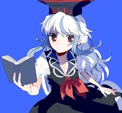 Rule 34 | 1girl, blue background, blue hair, book, closed mouth, collarbone, dress, furrowed brow, hand up, hat, hatching (texture), holding, holding book, itomugi-kun, kamishirasawa keine, linear hatching, long hair, looking at viewer, multicolored hair, neckerchief, puffy short sleeves, puffy sleeves, red eyes, red neckerchief, serious, short sleeves, simple background, solo, streaked hair, tokin hat, touhou, upper body, wavy hair, white hair
