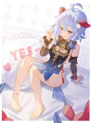 Rule 34 | 1girl, absurdres, ahoge, bare shoulders, barefoot, bed, bell, black dress, black gloves, blue dress, blue hair, blush, breasts, detached sleeves, dress, feet, ganyu (genshin impact), ganyu (twilight blossom) (genshin impact), genshin impact, gloves, gold trim, gradient dress, hair ornament, heart, highres, horns, knees up, knrock, long hair, long sleeves, looking to the side, medium breasts, neck bell, no shoes, official alternate costume, official alternate hairstyle, open mouth, pillow, purple eyes, sidelocks, sitting, solo, stuffed animal, stuffed toy, sweatdrop, tassel, thighs, vision (genshin impact), yes-no pillow