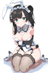 Rule 34 | 1girl, absurdres, animal ears, aqua eyes, arm under breasts, assault lily, bare shoulders, black hair, blunt bangs, blush, bow, breast hold, breasts, brown thighhighs, cleavage, collar, collarbone, commentary, detached sleeves, fake animal ears, fishnet thighhighs, fishnets, flower, flower knot, frilled collar, frilled hairband, frilled leotard, frills, full body, garter straps, grey footwear, hair bow, hair flower, hair ornament, hairband, high heels, highres, leotard, long hair, long sleeves, looking at viewer, medium breasts, official alternate costume, official alternate hairstyle, parted lips, pera, playboy bunny, pumps, rabbit ears, raised eyebrows, see-through, shadow, side ponytail, simple background, sitting, sleeves past wrists, solo, strapless, strapless leotard, tassel, thighhighs, wang yujia, wariza, white background, white bow, white collar, white flower, white hairband, white leotard