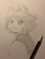 Rule 34 | 1girl, :d, animal ears, art tools in frame, blush, cat ears, chen, earrings, graphite (medium), greyscale, hat, highres, jewelry, looking at viewer, mob cap, monochrome, open mouth, pencil, photo (medium), poronegi, short hair, smile, solo, touhou, traditional media, upper body, vest