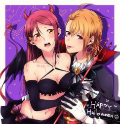 Rule 34 | 2girls, ahoge, black gloves, blush, breasts, brown hair, cleavage, collarbone, demon tail, earrings, fangs, flower, gloves, groin, hair between eyes, holding hands, hand on another&#039;s hip, happy halloween, heart, highres, holding, holding weapon, horns, interlocked fingers, jewelry, kougi hiroshi, long hair, looking at viewer, love live!, love live! sunshine!!, medium breasts, midriff, multiple girls, navel, open mouth, red eyes, red flower, red hair, red rose, red tail, rose, sakurauchi riko, short hair, slit pupils, stomach, tail, takami chika, tongue, tongue out, vampire, weapon, white gloves, white neckwear, yellow eyes
