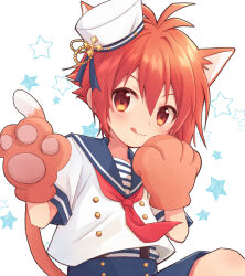Rule 34 | 1boy, animal ears, animal hands, blue sailor collar, blue shorts, blush, cat boy, cat ears, cat tail, chana gon, closed mouth, extra ears, gloves, idolish7, male focus, nanase riku, paw gloves, red eyes, red hair, sailor collar, shirt, shorts, smile, solo, star (symbol), tail, tongue, tongue out, white background, white shirt