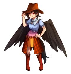 Rule 34 | 1girl, adjusting clothes, adjusting headwear, black hair, black wings, blue shirt, boots, breasts, brown footwear, brown hat, capelet, commentary, cowboy hat, english commentary, feathered wings, frills, full body, grey capelet, hand on own hip, hand up, hat, highres, kurokoma saki, looking at viewer, medium breasts, orange skirt, puffy short sleeves, puffy sleeves, red eyes, shirt, short hair, short sleeves, simple background, skirt, smile, solo, speckticuls, standing, tail, touhou, transparent background, white background, wings