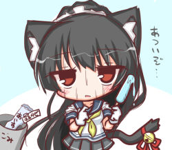 Rule 34 | 1girl, animal ears, bell, black hair, blush, cat ears, cat girl, cat tail, collarbone, food, gloves, grey skirt, hair between eyes, high ponytail, holding, holding food, hot, isokaze (kancolle), jingle bell, kantai collection, komakoma (magicaltale), long hair, looking at viewer, melting, neckerchief, parted lips, pleated skirt, ponytail, popsicle, red eyes, red ribbon, ribbon, school uniform, serafuku, shirt, short sleeves, skirt, solo, sweat, nervous sweating, tail, tail bell, tail ornament, tail ribbon, translated, trash can, very long hair, white gloves, white shirt, yellow neckerchief