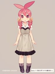 Rule 34 | 1girl, arms at sides, artist name, boots, collared dress, cross-laced footwear, dress, flaky (happy tree friends), full body, grey socks, hair between eyes, happy tree friends, kab00m chuck, kneehighs, lace-up boots, looking at viewer, red eyes, red hair, simple background, socks, solo, standing, translation request