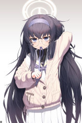 Rule 34 | 1girl, absurdres, adjusting hair, ahoge, black-framed eyewear, black hair, blue archive, blush, cardigan, delete (xxag4475), eyewear strap, glasses, gradient background, hairband, highres, holding, long hair, long sleeves, looking at viewer, messy hair, mouth hold, pleated skirt, purple eyes, ribbon, ribbon in mouth, school uniform, skirt, solo, ui (blue archive), very long hair, white hairband