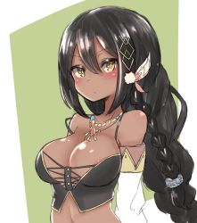 Rule 34 | 1girl, areola slip, azur lane, bare shoulders, black hair, blush, braid, breasts, bustier, cleavage, commentary request, dark-skinned female, dark skin, detached sleeves, green background, hair between eyes, hair ornament, jewelry, large breasts, long hair, looking at viewer, malice stella, necklace, off shoulder, parted lips, revision, solo, south dakota (azur lane), upper body, yellow eyes