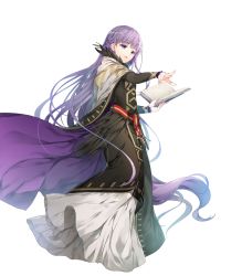 Rule 34 | 1girl, black dress, black feathers, book, cape, casting spell, dress, feathers, fire emblem, fire emblem heroes, full body, hair between eyes, highres, holding, holding book, long dress, long hair, miwabe sakura, nintendo, official art, outstretched hand, purple eyes, purple hair, solo, sophia (fire emblem), transparent background, very long hair