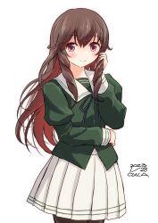 Rule 34 | 1girl, alternate hair length, alternate hairstyle, artist name, brown eyes, brown hair, dated, gradient hair, green shirt, hair between eyes, highres, kantai collection, long sleeves, looking at viewer, multicolored hair, mutsuki (kancolle), official alternate costume, owa (ishtail), pantyhose, red hair, sailor collar, shirt, signature, simple background, skirt, smile, solo, white background, white sailor collar, white skirt