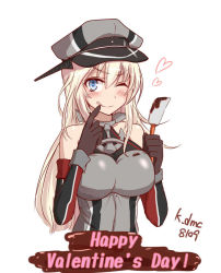 Rule 34 | 10s, 1girl, ;q, bismarck (kancolle), black gloves, blonde hair, blue eyes, blush, breasts, chocolate, detached sleeves, gloves, hat, heart, heart-shaped pupils, kantai collection, kihou no gotoku dmc, large breasts, long hair, military, military uniform, one eye closed, peaked cap, simple background, smile, solo, symbol-shaped pupils, tongue, tongue out, uniform, valentine, white background