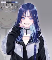Rule 34 | 1girl, artist name, black jacket, blue eyes, blue hair, blue nails, chimachi, clothing cutout, commission, earrings, highres, jacket, jewelry, long hair, looking at viewer, multicolored clothes, multicolored jacket, original, paw pose, skeb commission, smile, solo, sweater, thank you, track jacket, triangle hair ornament, twitter username, two-tone jacket, white jacket, white sweater, zoom layer
