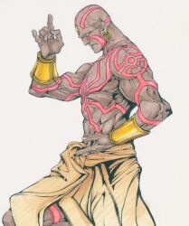 Rule 34 | 1boy, andy seto, armband, bald, blank eyes, body markings, chinese commentary, commentary request, dark-skinned male, dark skin, dhalsim, earrings, from side, hoop earrings, jewelry, male focus, marker (medium), muscular, muscular male, profile, solo, standing, standing on one leg, street fighter, street fighter ii (series), traditional media