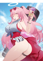 Rule 34 | 1girl, absurdres, ambriel (arknights), ambriel (holiday) (arknights), arknights, ass, bare arms, bare shoulders, belt, belt pouch, breasts, cowboy shot, crepe, crop top, eyewear on head, food, front-tie top, halo, hand up, heart, heart-shaped eyewear, highleg, highleg swimsuit, highres, holding, large breasts, mouth hold, official alternate costume, one-piece swimsuit, one eye closed, one side up, pink-framed eyewear, pink eyes, pink hair, pouch, red one-piece swimsuit, shibuya (kurokamishain), shirt, sleeveless, sleeveless shirt, solo, sunglasses, swimsuit, thigh strap, thighs, twisted torso, white shirt