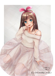 Rule 34 | 1girl, :d, absurdres, aira (qwedcxza49), blue eyes, border, brown hair, collarbone, dress, hairband, highres, kizuna ai, kizuna ai inc., layered dress, leaning back, long hair, long sleeves, looking at viewer, multicolored hair, off-shoulder dress, off shoulder, open mouth, pink hair, pink hairband, see-through, sitting, sleeves past wrists, smile, solo, two-tone hair, virtual youtuber, wariza, white border, white dress