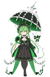 Rule 34 | 1girl, :&lt;, absurdres, bailingxiao jiu, bare shoulders, black dress, black footwear, black gloves, black pantyhose, black sclera, black umbrella, blush, closed mouth, clothing cutout, colored sclera, dress, fire, flaming eye, flower, flying saucer, glasses, gloves, gothic lolita, green eyes, green fire, green flower, green hair, green rose, hair between eyes, half-closed eyes, highres, holding, holding umbrella, juliet sleeves, lolita fashion, long sleeves, looking at viewer, original, pantyhose, pince-nez, planet, planetary ring, puffy sleeves, rose, shoes, shoulder cutout, simple background, skull, solo, spacecraft, spine, striped clothes, striped pantyhose, ufo, umbrella, vertical-striped clothes, vertical-striped pantyhose, white background, wide sleeves, yellow-framed eyewear