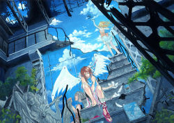 Rule 34 | 1boy, 2girls, angel wings, barefoot, day, multiple girls, mural, original, ruins, sculpture, shoes, shuka (taupe), single shoe, sitting, sitting on stairs, sky, stairs, statue, wings