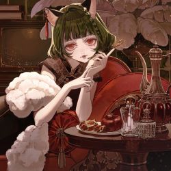 Rule 34 | 1girl, absurdres, animal ears, black dress, blunt bangs, book, bottle, braid, cat ears, cat girl, chair, chaise longue, china dress, chinese clothes, cushion, denn (naluse flow), dress, earrings, feather boa, feathers, food, fruit, green hair, head tilt, highres, holding, holding smoking pipe, jewelry, jug (bottle), looking at viewer, mole, mole under eye, myu (valis), nail polish, official art, parted lips, perfume bottle, pomegranate, reclining, red eyes, red nails, short hair, short sleeves, single earring, smoking pipe, solo, table, tassel, tassel earrings, television, upper body, valis (sinsekai), vocaloid, yoidore shirazu (vocaloid)
