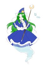 Rule 34 | 1girl, absurdres, blue capelet, blue headwear, blue skirt, blue vest, bow, bowtie, buttons, capelet, commentary, covering own mouth, crescent, derivative work, eyelashes, forehead, frilled hat, frills, full body, ghost tail, green eyes, green hair, hand over own mouth, hat, hat ribbon, highres, holding, holding staff, korean commentary, kuya (hey36253625), long hair, long sleeves, mima (touhou), mixed-language commentary, one eye closed, ribbon, shirt, simple background, skirt, skirt set, staff, story of eastern wonderland, sun print, touhou, touhou (pc-98), translated, v-shaped eyebrows, very long hair, vest, white background, white bow, white bowtie, white ribbon, white shirt, wizard, wizard hat