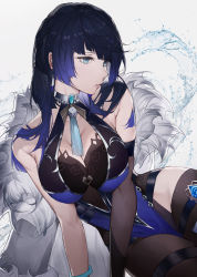 Rule 34 | 1girl, arm support, bad id, bad pixiv id, blue eyes, blue hair, breasts, breasts squeezed together, brooch, cleavage, dark blue hair, dice, dress, genshin impact, halterneck, highres, jewelry, large breasts, long hair, looking away, lying, on side, qiandaiyiyu, solo, thighs, yelan (genshin impact)