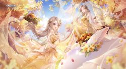 Rule 34 | 2girls, :d, absurdres, autumn leaves, bare shoulders, breasts, bridal gauntlets, chinese commentary, commentary request, day, dress, floating hair, flower, hair flower, hair ornament, hair ribbon, hand fan, high heels, highres, holding, holding fan, irisrey, light brown hair, long hair, long sleeves, looking at viewer, medium breasts, multiple girls, open mouth, outdoors, petals, rabbit, revelation online, ribbon, ribbon braid, see-through, sitting, smile, standing, tree, very long hair, yellow dress, yellow eyes, yellow flower, yellow footwear, yellow ribbon
