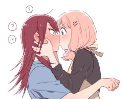 Rule 34 | 10s, 2girls, ?, anger vein, angry, bang dream!, black shirt, blue shirt, blush, clenched hand, earrings, from side, full-face blush, green eyes, hands on another&#039;s face, jewelry, kiss, long hair, long sleeves, low twintails, medium hair, multiple girls, pink hair, re ghotion, red hair, shirt, short sleeves, simple background, spoken question mark, twintails, udagawa tomoe, uehara himari, upper body, v-shaped eyebrows, white background, wide-eyed, yuri