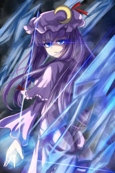 Rule 34 | 1girl, alternate eye color, blue bow, blue eyes, blue light, blue ribbon, blue theme, bow, braid, capelet, crescent, crescent pin, crystal, dark background, fog, from behind, glowing, glowing eyes, glowing hand, hat, highres, light, long hair, looking at viewer, looking back, namiki (remiter00), patchouli knowledge, purple hair, red bow, red ribbon, ribbon, serious, touhou, very long hair