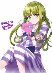 Rule 34 | 1girl, absurdres, artist name, chanraykotomine, dakimakura (object), dated, feet out of frame, green eyes, green hair, highres, hugging object, long hair, long sleeves, looking at viewer, original, osanai (shashaki), pajamas, pillow, pillow hug, sitting, smile, solo, striped clothes, striped pajamas, thick eyebrows, white background