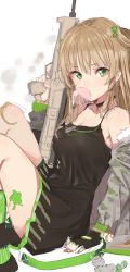 Rule 34 | 1girl, assault rifle, black dress, black gloves, black socks, bow, brown hair, blowing bubbles, bullpup, camisole, chewing gum, dress, finger on trigger, fingerless gloves, girls&#039; frontline, gloves, green bow, green eyes, green socks, gun, hair between eyes, hair bow, highres, holding, holding gun, holding weapon, kel-tec rfb, kneehighs, long hair, pinch (nesume), rfb (girls&#039; frontline), rifle, semi-automatic firearm, semi-automatic rifle, sketch, socks, solo, striped clothes, striped socks, two side up, weapon