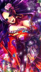 Rule 34 | 1girl, artist request, bare shoulders, black hair, blue eyes, boa hancock, braid, breasts, cleavage, dress, earrings, female focus, hair ornament, highres, huge breasts, japanese clothes, jewelry, kimono, large breasts, long hair, obi, one piece, print dress, print kimono, purple dress, sash, source request