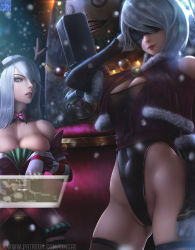 Rule 34 | 2b (nier:automata), 2girls, a2 (nier:automata), antlers, blindfold, breasts, christmas, cleavage, clenched teeth, covered navel, elbow gloves, emil (nier), facing viewer, gloves, groin, horns, leotard, limgae, long hair, mole, mole under mouth, multiple girls, nier:automata, nier (series), pod (nier:automata), reindeer antlers, short hair, silver hair, snow, striped clothes, striped gloves, teeth