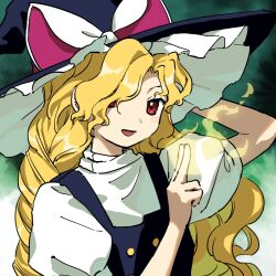 Rule 34 | 1girl, black hat, black vest, blonde hair, bow, braid, buttons, frilled hat, frills, hair over one eye, hat, hat bow, kaigen 1025, kirisame marisa, long hair, open mouth, puffy short sleeves, puffy sleeves, shirt, short sleeves, touhou, unfinished dream of all living ghost, very long hair, vest, wavy hair, white bow, white shirt, witch hat