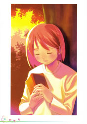 Rule 34 | blush, book, closed eyes, highres, koutaro, nature, pink hair, short hair, smile, solo, sunset