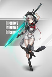 Rule 34 | 1girl, ahoge, bloodborne, breasts, closed mouth, full body, grey hair, guihuo inferno, hair ornament, hairpin, highres, jacket, knee pads, large breasts, looking at viewer, moonlight greatsword, original, shirt, shorts, solo, standing, standing on one leg, sword, tailcoat, thigh gap, weapon, yellow eyes
