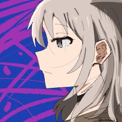 Rule 34 | 1girl, black choker, blue background, choker, closed mouth, commentary, english commentary, expressionless, from side, girls band cry, grey eyes, grey hair, highres, kawaragi momoka, long hair, portrait, profile, purple background, solo, twitter username, two-tone background, weabooz