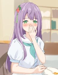Rule 34 | 1girl, absurdres, aqua neckerchief, blurry, blurry background, blush, covering own mouth, dress, flower, green eyes, hair down, hair flower, hair ornament, hand over own mouth, hand up, hasu no sora school uniform, highres, holding, holding spoon, link! like! love live!, long hair, looking at viewer, love live!, neckerchief, nose blush, otomune kozue, puffy short sleeves, puffy sleeves, purple hair, red flower, sailor collar, sailor dress, school uniform, short sleeves, solo, spoon, summer uniform, upper body, virtual youtuber, white dress, white sailor collar, yutuki ame