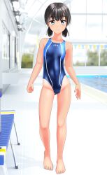Rule 34 | 1girl, absurdres, barefoot, bench, black hair, blue one-piece swimsuit, breasts, clothes writing, commentary request, competition swimsuit, full body, gluteal fold, green eyes, highres, indoors, looking at viewer, low twintails, multicolored clothes, multicolored swimsuit, one-piece swimsuit, original, pool, short hair, small breasts, solo, standing, string of flags, swimsuit, takafumi, tan, tanline, twintails