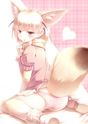 Rule 34 | 10s, 1girl, absurdres, animal ears, blonde hair, bow, bowtie, commentary, extra ears, fennec (kemono friends), finger to mouth, fox ears, fur trim, heart, highres, kanzakietc, kemono friends, looking at viewer, panties, pink panties, plaid, plaid background, plaid panties, puffy short sleeves, puffy sleeves, red eyes, short-sleeved sweater, short hair, short sleeves, sitting, skirt, solo, sweater, thighhighs, tongue, tongue out, underwear, wariza, yellow bow, yellow bowtie, yellow thighhighs