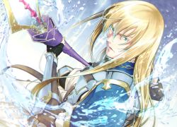 Rule 34 | 1boy, armor, belt, blonde hair, bracer, breastplate, dragon-inn, dynamic pose, fabulous, fate/grand order, fate (series), fighting stance, fingerless gloves, fionn mac cumhaill (fate/grand order), floating, floating object, from above, gloves, green eyes, hair between eyes, lance, light, long hair, looking at viewer, looking up, male focus, open mouth, pauldrons, polearm, shoulder armor, solo, upper body, water, weapon
