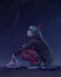 Rule 34 | 1girl, 500 ml beaker, aqua hair, bag, black hole ga okashoutengai (vocaloid), black hoodie, blue eyes, closed mouth, dated, drawstring, from side, green footwear, green skirt, hatsune miku, highres, holding, holding bag, hood, hood down, hoodie, long hair, long sleeves, looking up, lyrics, miniskirt, night, outdoors, pants, pants under skirt, plastic bag, profile, red pants, shoes, shopping bag, sketch, skirt, sky, slav squatting, sneakers, solo, squatting, star (sky), starry sky, swept bangs, track pants, translated, twintails, very long hair, vocaloid