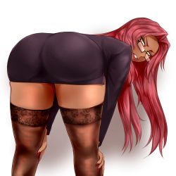 Rule 34 | 1girl, ass, bent over, brown thighhighs, cowboy shot, curvy, dark-skinned female, dark skin, female focus, fingernails, formal, glasses, hair intakes, hands on knee, highres, hip focus, ingrid (taimanin asagi), ingrid (taimanin murasaki), kneepits, lace, lace-trimmed legwear, lace trim, legs apart, lips, long fingernails, long hair, looking at viewer, looking back, miniskirt, mole, mole under mouth, nail polish, nofuture, office lady, parted lips, red hair, red nails, scowl, simple background, skirt, skirt suit, solo, standing, suit, taimanin (series), taimanin murasaki, tan, thick thighs, thighhighs, thighs, v-shaped eyebrows, white background, wide hips, yellow eyes