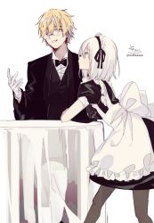 Rule 34 | 1boy, 1girl, alcohol, alternate costume, apron, ars almal, bespectacled, black bow, black bowtie, black dress, black jacket, black vest, blonde hair, blue eyes, bow, bowtie, brown pantyhose, butler, collared shirt, cup, dress, dress shirt, enmaided, ex albio, frilled apron, frills, glasses, gloves, hair over one eye, highres, jacket, long sleeves, maid, maid apron, maid headdress, nijisanji, pantyhose, profile, puffy short sleeves, puffy sleeves, shirt, short hair, short sleeves, signature, simple background, sofra, table, tablecloth, twitter username, vest, virtual youtuber, white apron, white background, white gloves, white hair, white shirt