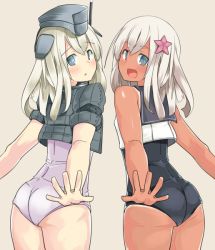 Rule 34 | 10s, 2girls, :&lt;, :d, ass, bad id, bad pixiv id, blonde hair, blue eyes, blush, crop top, cropped jacket, dual persona, garrison cap, hair ornament, hat, kantai collection, long hair, multiple girls, mutsuki nekohachi, one-piece swimsuit, one-piece tan, open mouth, puffy short sleeves, puffy sleeves, ro-500 (kancolle), school swimsuit, school uniform, serafuku, short sleeves, simple background, smile, starfish, swimsuit, swimsuit under clothes, tan, tanline, u-511 (kancolle), white one-piece swimsuit, white school swimsuit
