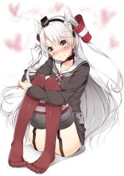 Rule 34 | 10s, 1girl, 3:, 3:&lt;, amatsukaze (kancolle), blush, brown eyes, convenient leg, dress, garter straps, kantai collection, long hair, nose blush, revision, sailor dress, short dress, silver hair, sitting, solo, thighhighs, two side up, v-shaped eyebrows, very long hair, yappen