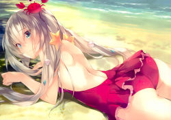 Rule 34 | 1girl, absurdres, amami mikihiro, ass, backless outfit, beach, bikini, blue eyes, casual one-piece swimsuit, crab, day, fate/grand order, fate (series), hair between eyes, highres, long hair, looking at viewer, looking back, lying, marie antoinette (fate), marie antoinette (swimsuit caster) (first ascension) (fate), on stomach, one-piece swimsuit, outdoors, red bikini, red one-piece swimsuit, silver hair, solo, starfish hair ornament, swimsuit, twintails, very long hair