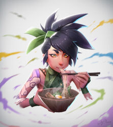 Rule 34 | 1girl, absurdres, akali, angelmoonlight, arm tattoo, bare shoulders, black hair, breasts, chopsticks, cloud tattoo, cropped torso, eating, egg (food), food, green hairband, hairband, hands up, highres, holding, holding chopsticks, league of legends, long hair, noodles, ponytail, ramen, smoke, solo, sparkling eyes, tattoo, upper body, white background