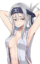 Rule 34 | 10s, 1girl, armpits, arms up, bad id, bad twitter id, blue eyes, blush, breasts, folded ponytail, hair between eyes, headband, highres, instant (ioarthus), kamoi (kancolle), kantai collection, long hair, medium breasts, navel, open clothes, sideboob, sidelocks, simple background, sleeveless, solo, white background, white hair