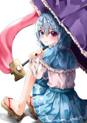 Rule 34 | 1girl, absurdres, blouse, blue capelet, blue eyes, blue hair, blue skirt, capelet, closed mouth, commentary request, frilled capelet, frilled umbrella, frills, from behind, full body, geta, hair between eyes, heterochromia, highres, holding, holding umbrella, looking at viewer, looking back, mahoro (minase mahoro), pleated skirt, purple umbrella, red eyes, shirt, simple background, skirt, smile, solo, tatara kogasa, touhou, umbrella, white background, white shirt